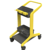 Yellow utility cart with two shelves and hooks.